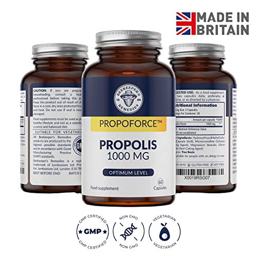 Beekeeper’s Remedies Propoforce Propolis Capsules 1000mg | 60 High Strength Propolis Capsules | Natural Immune System Support, Sore Throat Relief and Powerful Antioxidant