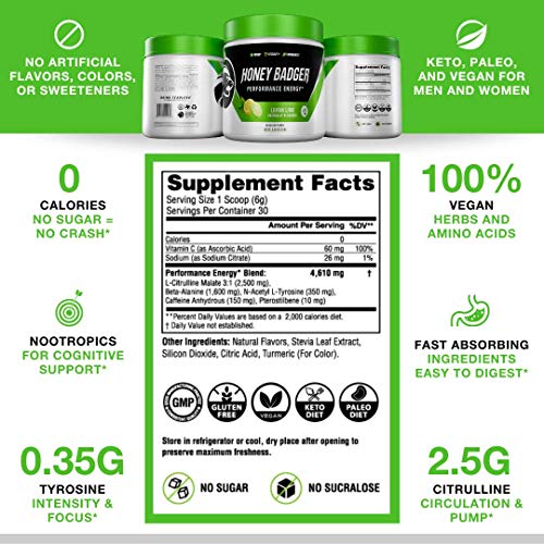 Honey Badger Pre Workout Powder | Vegan Keto Lemon Lime Preworkout | Natural Energy for Men & Women | Beta Alanine, Caffeine & Vitamin C for Immune Support | Sugar Free & Paleo | 30 Servings