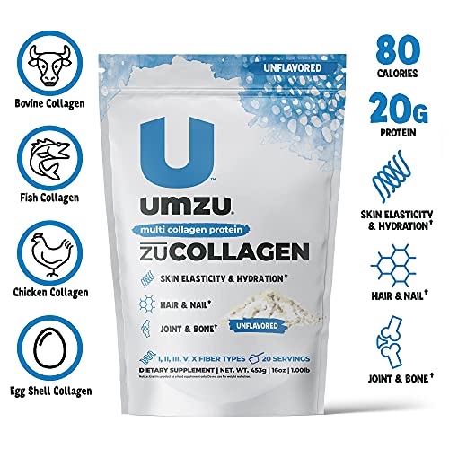 UMZU zuCollagen Protein - Multi Collagen Protein Powder, Daily Supplement to Improve Skin, Hair, Joints, and Muscle Recovery - Non-GMO, Unflavored, 20 Servings