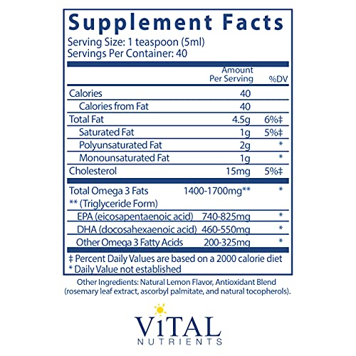 Vital Nutrients - Ultra Pure Fish Oil 1400 (Pharmaceutical Grade) - Deep Sea Liquid Fish Oil, Cardiovascular Support, Natural Lemon Flavor - 200 ml per Bottle