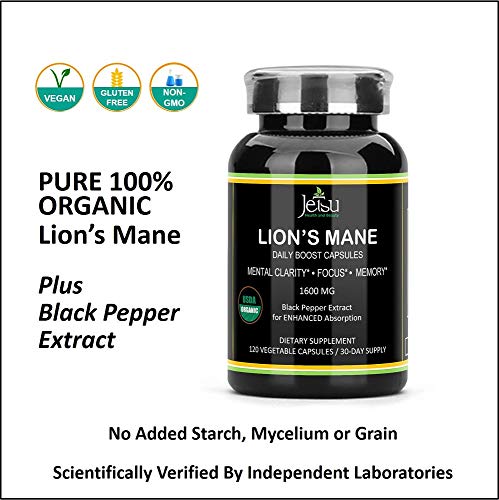 Organic Lions Mane Mushroom Capsules – Plus Bioperine Black Pepper Extract Absorption Enhancer, Nootropic Brain Supplement, Boost Neuron Growth & Your Immune System for Clarity & Focus (120 Capsules)