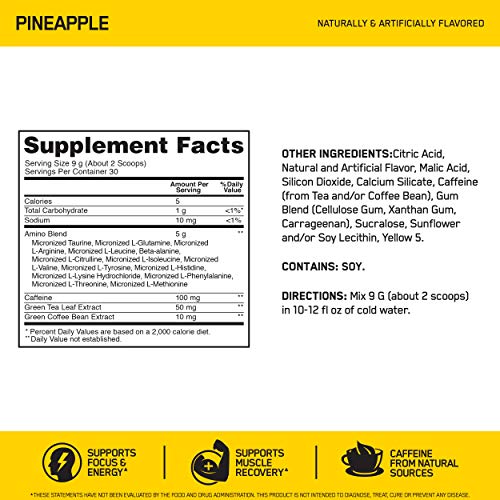 Optimum Nutrition Amino Energy - Pre Workout with Green Tea, BCAA, Amino Acids, Keto Friendly, Green Coffee Extract, Energy Powder - Pineapple, 30 Servings