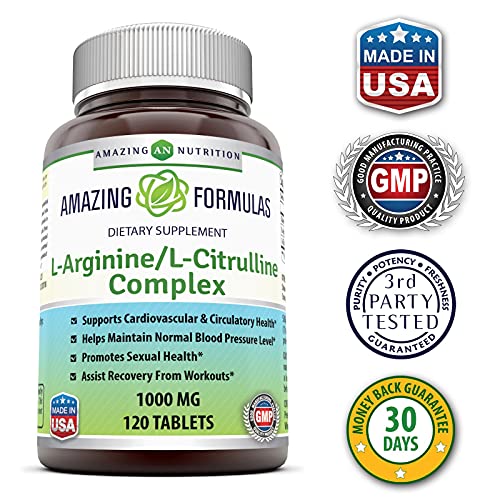 Amazing Nutrition L-Arginine/L-Citrulline Complex 1000 Mg Combines Two Amino Acids with Potential Health Benefits Supports Energy Production Ads (120 Tablets) (Non-GMO,Gluten Free)