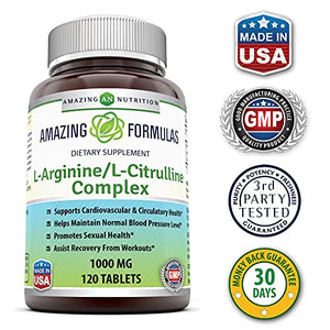 Amazing Nutrition L-Arginine/L-Citrulline Complex 1000 Mg Combines Two Amino Acids with Potential Health Benefits Supports Energy Production Ads (120 Tablets) (Non-GMO,Gluten Free)