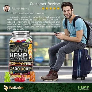 Wellution Hemp Gummies 2,600,000 XL High Potency - Fruity Gummy Bear with Hemp Oil - Natural Hemp Candy Supplements for Soreness, Stress & Inflammation - Promotes Sleep and Calm Mood