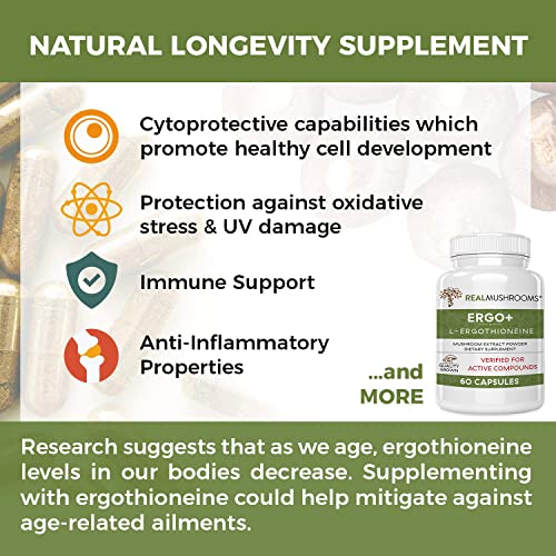 L-Ergothioneine Supplement, Oyster and Shitake Mushroom Extract, Immune Support Supplement with Beta Glucans, Longevity & Immune Support (60 Caps)