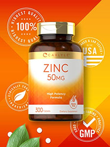 Zinc 50mg | 300 Tablets | Vegetarian, Non-GMO, and Gluten Free Supplement | Zinc Gluconate | High Potency Formula | by Carlyle