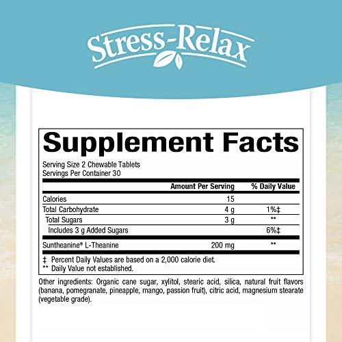 Stress-Relax Chewable Suntheanine L-Theanine 100 mg by Natural Factors, Non-Drowsy Stress Support for Mental Calmness and Relaxation, Tropical Fruit Flavor, 60 Tablets