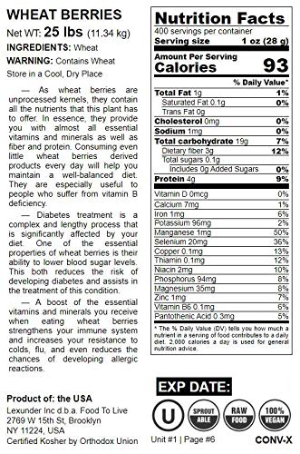Wheat Berries, 25 Pounds — Non-GMO Verified, Sprouting for Wheatgrass, Kosher, Raw, Vegan, Bulk