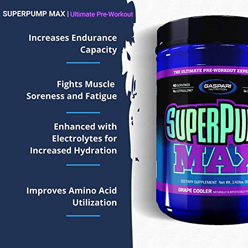 Gaspari Nutrition Super Pump Max, Pre Workout Supplement 40 Servings, Non-Habit-Forming, Sustained Energy & Nitric Oxide Booster Supports Muscle Growth, Recovery & Replenishes Electrolytes, Grape