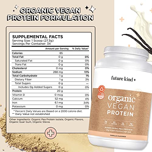 Vegan Protein Powder by Future Kind. Plant Based Shake for Muscle Growth & Weight, Organic Soy-Free Pea Protein Powder. Sugar-Free, Dairy-Free & Gluten-Free Plant Protein Powder Vanilla, 34 Servings.
