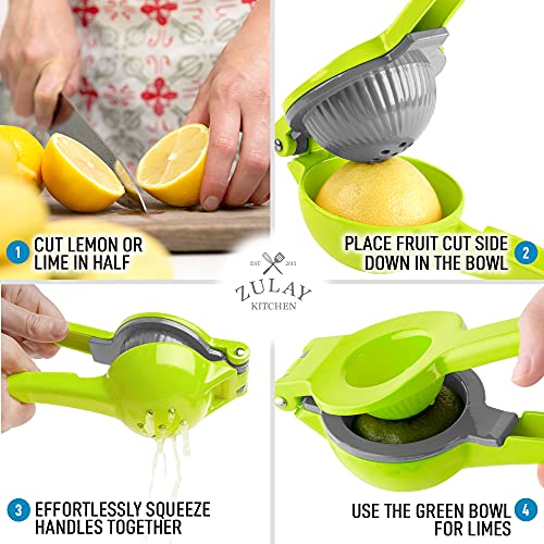 Zulay Metal 2-In-1 Lemon Lime Squeezer - Hand Juicer Lemon Squeezer - Max Extraction Manual Citrus Juicer (Gray and Lime Green)