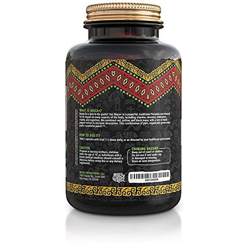 Strong Organic Maca Capsules, Black, Yellow & Red Root w/ Black Pepper Extract for Absorption, Roots Grown in Peru, Peruvian Powder, Men & Women Supplement, 60,000 mg
