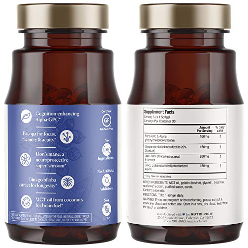 Focus Adaptogens for Cognition, Clear Thinking, Brain Fog Relief | Alpha-GPC, Bacopa, Lion's Mane, Ginkgo Biloba, MCT Oil