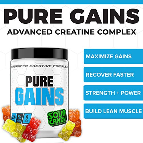 Pure Gains Advanced Creatine Monohydrate Powder - Muscle Building and Recovery Supplement - Sour Candy Flavor - 25 Servings - Creatine Monohydrate + Creatine HCl + More Powerful Ingredients