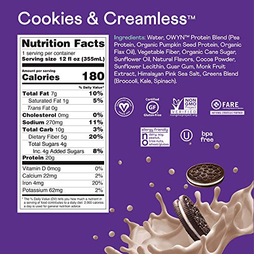OWYN 100% Vegan Plant-Based Protein Shake, Cookies & Creamless, 4 Pack, with 20g Plant Protein, Omega-3, Prebiotic Supplements, Superfoods Greens Blend, Gluten-Free, Soy-Free, Non-GMO