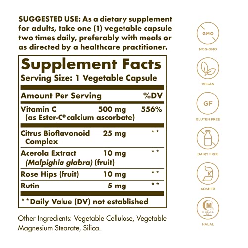Solgar Ester-C Plus 500 mg Vitamin C (Ascorbate Complex), 250 Vegetable Capsules - Gentle & Non Acidic - Antioxidant & Immune Support - Non GMO, Vegan, Gluten Free, Kosher - 250 Servings
