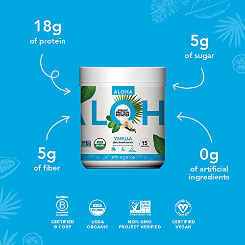 ALOHA Organic Plant-Based Protein Powder - NO-STEVIA Vanilla - Keto Friendly Vegan Protein with MCT Oil, 18.5 oz, Makes 15 Shakes, Vegan, Gluten-Free, Non-GMO, Erythritol-Free, Soy-Free, Dairy-Free & Only 3g Sugar