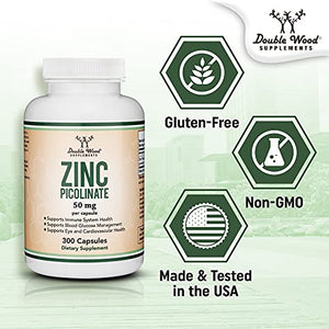 Zinc Picolinate 50mg, 300 Capsules (Immune Support for Kids and Adults) Non-GMO, Gluten Free, Made in The USA (300 Day Supply) by Double Wood Supplements