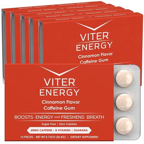 Viter Energy Caffeinated Gum - 60mg Caffeine, B Vitamins, Guarana, Sugar Free Vegan Chewing Gum. Zero Calories. Performance Nootropic Chews for Powerful Energizing Focused Boost (Cinnamon, 6 Pack)