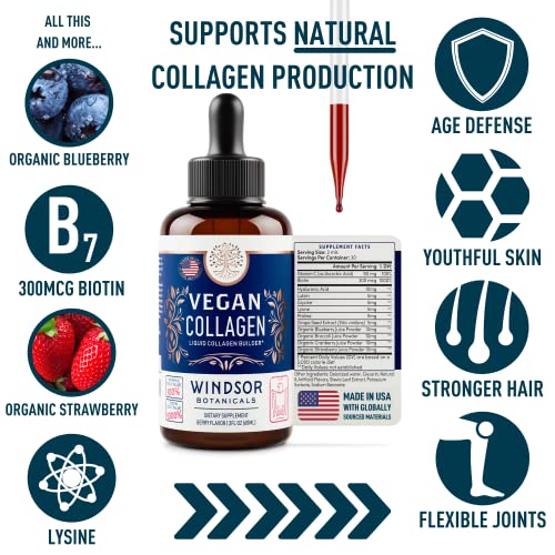 Vegan Collagen Supplement with Biotin Liquid - Age Defense Formula for Youthful Skin, Strong Hair and Nails, and Pain-Free Joints - Gluten-Free, Non-GMO Liquid Collagen Builder - Berry Flavor - 2 oz