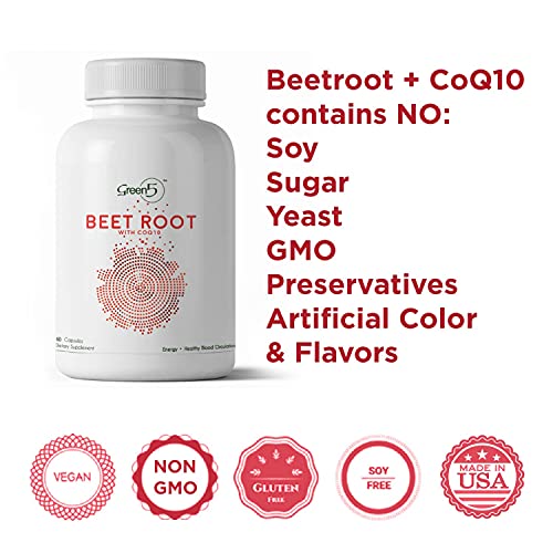 Beet Root Capsules 1350 mg Organic Beet Root Powder with CoQ10 Nitric Oxide Booster, High Blood Pressure Supplement, Helps Blood Flow, Heart Health, Performance, Stamina and Energy 60 Ct (Pack of 1)