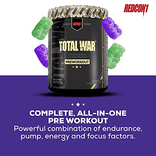 Redcon1 Total War - Pre Workout Powder, 50 Servings, Boost Energy, Increase Endurance and Focus, Beta-Alanine, 350mg Caffeine, Citrulline Malate, Nitric Oxide Booster - Keto Friendly (Sour Gummy Bear)