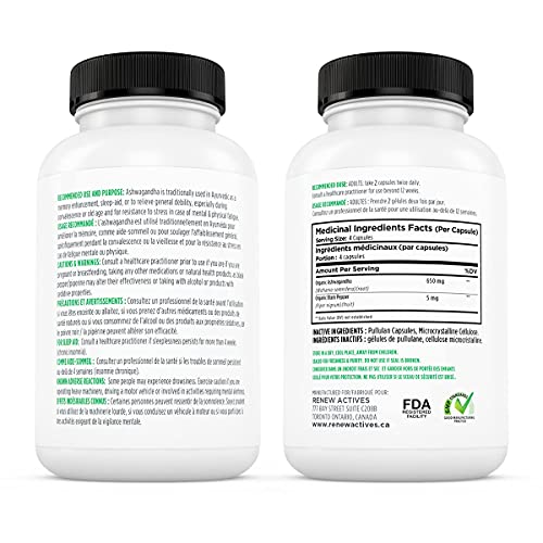 Renew Actives Organic ASHWAGANDHA Capsules: 1300 Mg of Ashwagandha with 10 Mg of Black Pepper - Powerful Herbal Supplement Traditionally Used to Support Sleep - 120 Veggie Supplements. Non-GMO