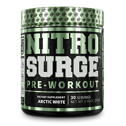 NITROSURGE Pre Workout Supplement - Endless Energy, Instant Strength Gains, Clear Focus, Intense Pumps - Nitric Oxide Booster & Powerful Preworkout Energy Powder - 30 Servings, Arctic White