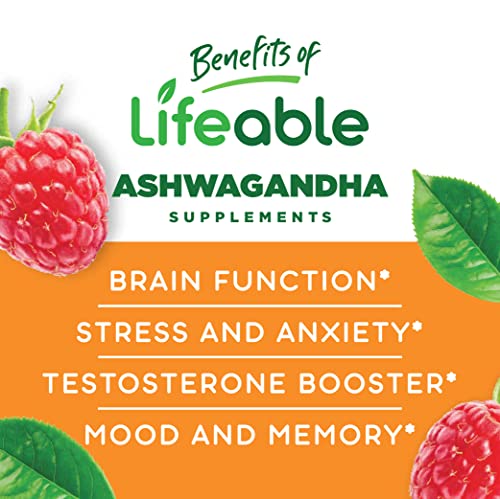 Lifeable Ashwagandha Gummies – Great Tasting Natural Flavor Vitamin Supplement Gummy – Gluten Free Vegetarian GMO-Free Chewable – for Stress and Anxiety – for Adults, Man, Women – 60 Gummies