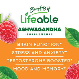 Lifeable Ashwagandha Gummies – Great Tasting Natural Flavor Vitamin Supplement Gummy – Gluten Free Vegetarian GMO-Free Chewable – for Stress and Anxiety – for Adults, Man, Women – 60 Gummies