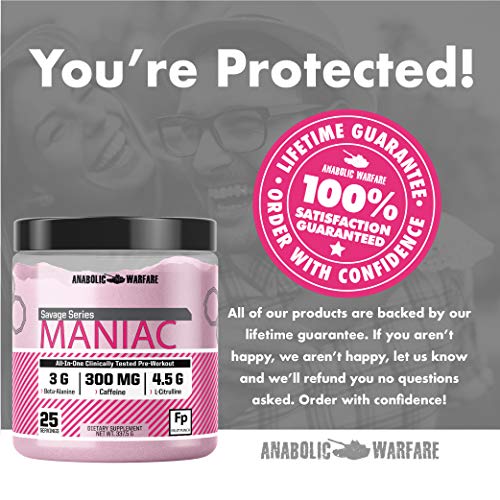 Maniac Pre Workout Powder by Anabolic Warfare – Preworkout Mix to Boost Focus & Energy with Caffeine, Beta Alanine, Lions Mane Mushroom , L Citrulline Powder and Creatine (Fruit Punch - 25 Servings