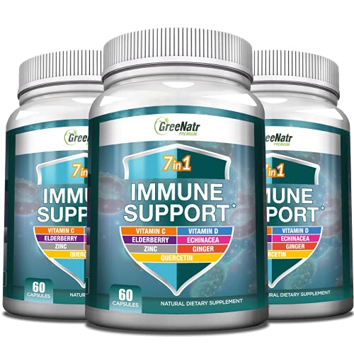 7 in 1 Immune Support Supplement with Vitamin C, Vitamin D3, Zinc 50mg, Quercetin, Echinacea Purpurea, Sambucus Elderberry and Ginger for Complete Immune Defense - Immunity Vitamins -60 Capsules