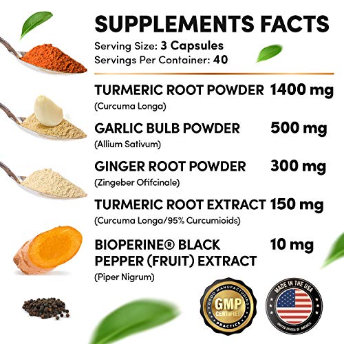 4-in-1 Turmeric Curcumin w Bioperine 2360mg (120 ct) | 95% Curcuminoids, Ginger Root, Garlic Pills, Black Pepper | Anti Inflammatory Joint Pain Heart Health | Made in The USA (120 Count (Pack of 1))