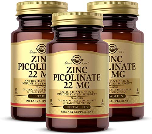 Solgar Zinc Picolinate 22 mg, 100 Tablets - Pack of 3 - Antioxidant, Skin & Immune Support - Non-GMO, Vegan, Gluten Free, Dairy Free, Kosher - 300 Total Servings