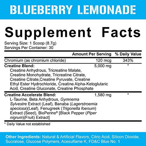 Rich Piana 5% Nutrition CreaTEN 10-in-1 Formula | Flavored Creatine Powder for Muscle Gain | Enhance Power, Strength, Endurance, & Recovery | 9.21 oz, 30 Srvngs (Blueberry Lemonade)