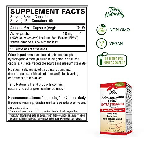 Terry Naturally Ashwagandha EP35, 60 Capsules - 125 mg Ashwagandha - Powerful Adaptogen - Reduce Stress, Promote Sleep, Support Energy & Endurance - Non-GMO, Vegan - 60 Servings