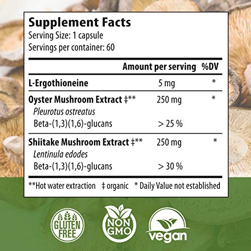 L-Ergothioneine Supplement, Oyster and Shitake Mushroom Extract, Immune Support Supplement with Beta Glucans, Longevity & Immune Support (60 Caps)