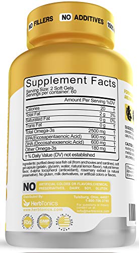 Triglyceride Omega 3 Fish Oil 2500 MG Triple Strength Burpless High EPA & DHA, 120 Soft Gel Capsules No Fishy After Taste - Heart, Joint and Brain Health