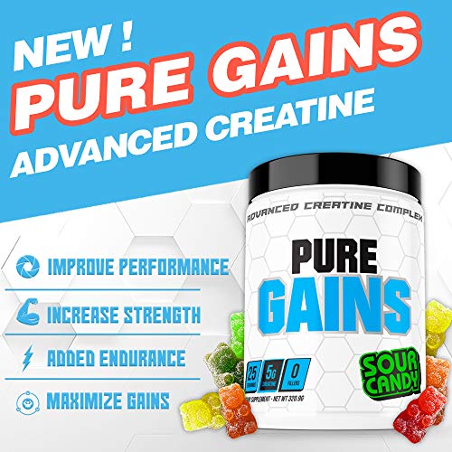 Pure Gains Advanced Creatine Monohydrate Powder - Muscle Building and Recovery Supplement - Sour Candy Flavor - 25 Servings - Creatine Monohydrate + Creatine HCl + More Powerful Ingredients