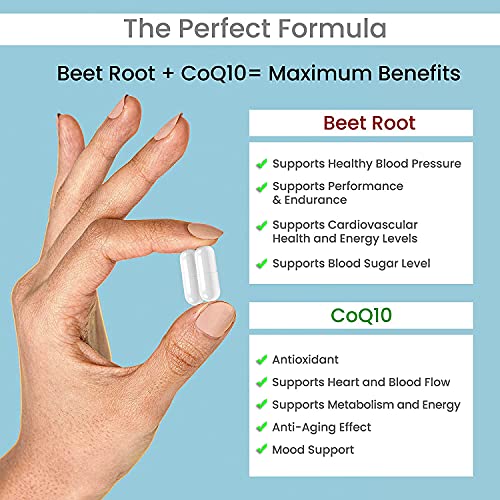 Beet Root Capsules 1350 mg Organic Beet Root Powder with CoQ10 Nitric Oxide Booster, High Blood Pressure Supplement, Helps Blood Flow, Heart Health, Performance, Stamina and Energy 60 Ct (Pack of 1)