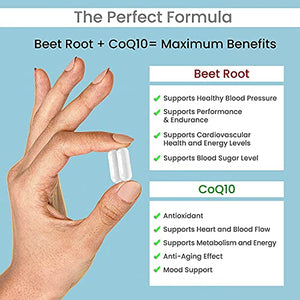 Beet Root Capsules 1350 mg Organic Beet Root Powder with CoQ10 Nitric Oxide Booster, High Blood Pressure Supplement, Helps Blood Flow, Heart Health, Performance, Stamina and Energy 60 Ct (Pack of 1)