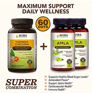 Avira Organic Turmeric Curcumin with Bioperine, Max strength – 2100mg Daily Serving, Non GMO, Made with Organic Turmeric Curcumin with Amla, 180 Capsules for Joint Support, yellow