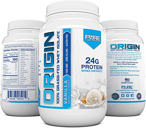 Pure Label Nutrition 100% Grass-Fed Whey Protein Isolate, 2lb Vanilla, No Fat, No Lactose, Micro-Filtered, Cold Processed, GMO Free, rBGH Free, Soy Free, Gluten Free, Zero Carbs and No Sugar Added