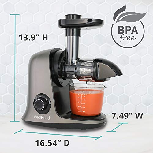 West Bend Juicer Cold Press Masticating Extractor Machine Features Quiet Motor Anti-Clog Reverse Function Nutrient Preserving For Juicing Fruits Vegetables and All Greens, 150-Watts, Silver