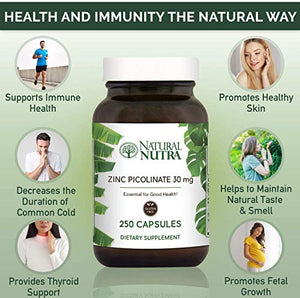 Natural Nutra Zinc Picolinate 30 mg, Double Strength, Raw and Pure, Highly Bioavailable Supplement for Growth, Immune and Thyroid Support, 250 Capsules (2 Pack)