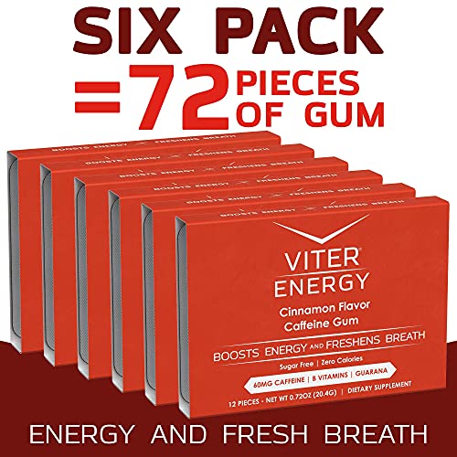 Viter Energy Caffeinated Gum - 60mg Caffeine, B Vitamins, Guarana, Sugar Free Vegan Chewing Gum. Zero Calories. Performance Nootropic Chews for Powerful Energizing Focused Boost (Cinnamon, 6 Pack)