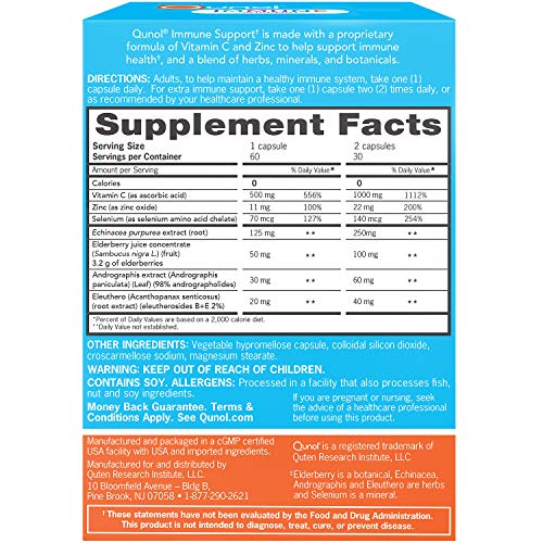 Qunol Immune Support, Vegetarian Capsules, 7 in 1 Immunity Defense Booster Supplement, Vitamin C, Zinc, Elderberry, Echinacea, Selenium, Eleuthero and Andrographis, 60 Count