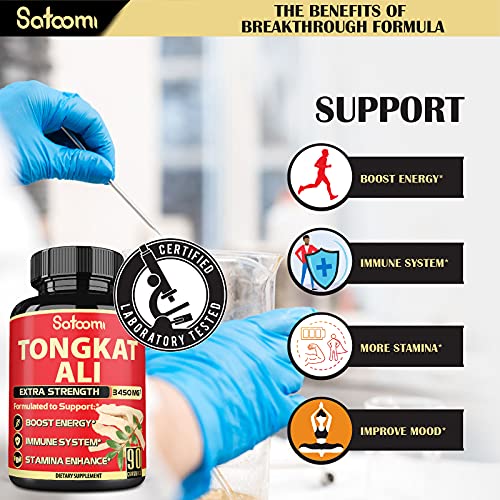 Satoomi Natural Tongkat Ali Root Extract 200:1 - 9 Essential Herbs Equivalent to 3450mg - Support Strength, Energy and Healthy Immune - 1 Pack 90 Vegan Caps 3 Month Supply