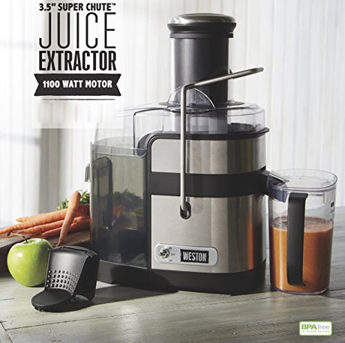 Weston Powerful Juicer Machine with XL 3.5" Feed Chute, BPA Free, 1100W, Easy Sweep Cleaning Tool (67902), Silver